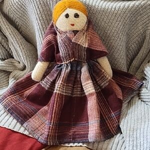 Handcrafted Dollie with Orange Yarn Hair And Plaid Cape Dress So Sweet